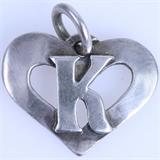 Estate Jeep Collins sterling silver "K" heart charm: 3/4", 1.8 gms