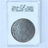 Genuine 18th century Mexico silver 8 real treasure coin recovered from El Cazador, which sank off the coast of Louisiana in 1784, authenticated & graded VF30 by ANACS (the American Numismatic Association Certification Service). As always, coin is corroded from centuries in seawater, & cleaned.