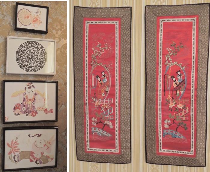 Asian decor, framed art, calendars, pillow cases and textiles