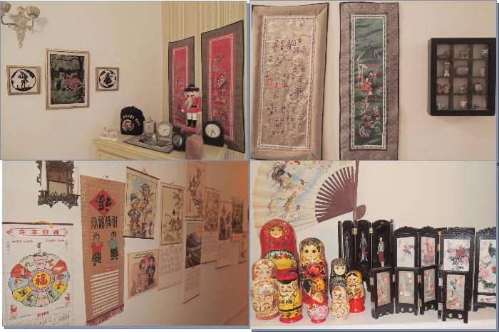 Oriental items.  Pillow cases, calendars, nesting dolls tiles, figurines, art