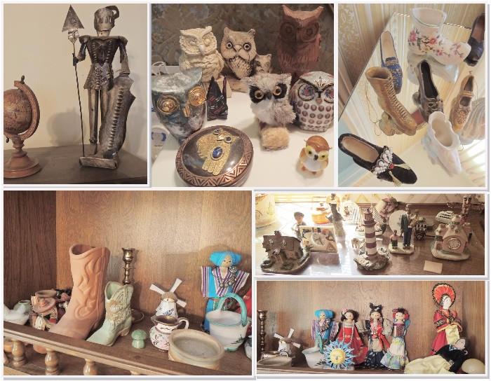 Collections: owls, shoes, dolls from around the world, Mexican & Spanish items