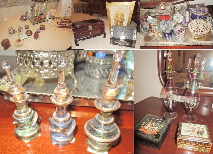 Vanity collections: perfume bottles, pill cases, mirrors, small boxes, jewelry boxes