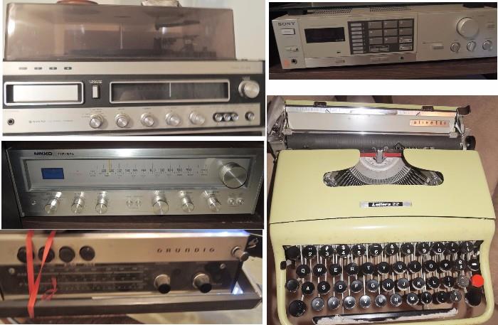 Vintage electronics: 8 track stereo, radio, Olivetti typewriter, receivers