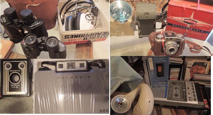Electronics: binoculars, headsets, radios, transistors, cameras - many from 60s/70s