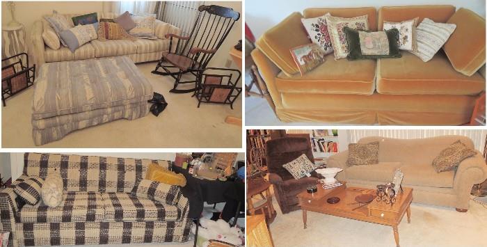 1970s & 80s sofa + one contemporary (newer) sofa. stenciled rocking chair, large ottoman, throw pillows