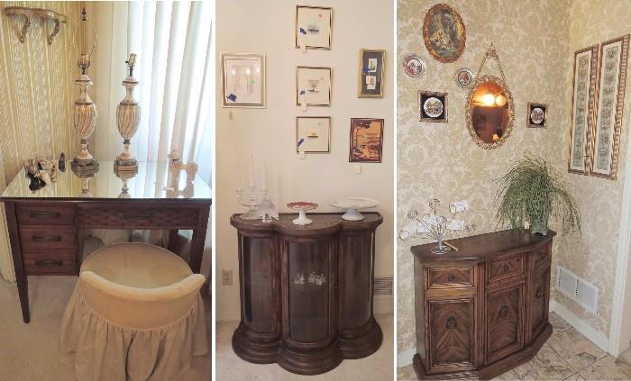 Writing desk - vanity table converted from sewing table, small credenza & display credenza.  Pair of French Provincial lamps