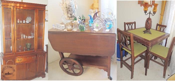 1940s bridge table & chair set, serving cart and small 1940s Bassett China cabinet