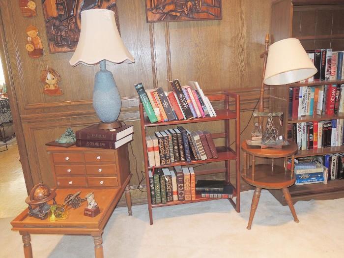 Solid maple furniture - standing lamp, telephone table and bookshelves.  Pair of blue lamps (newer)