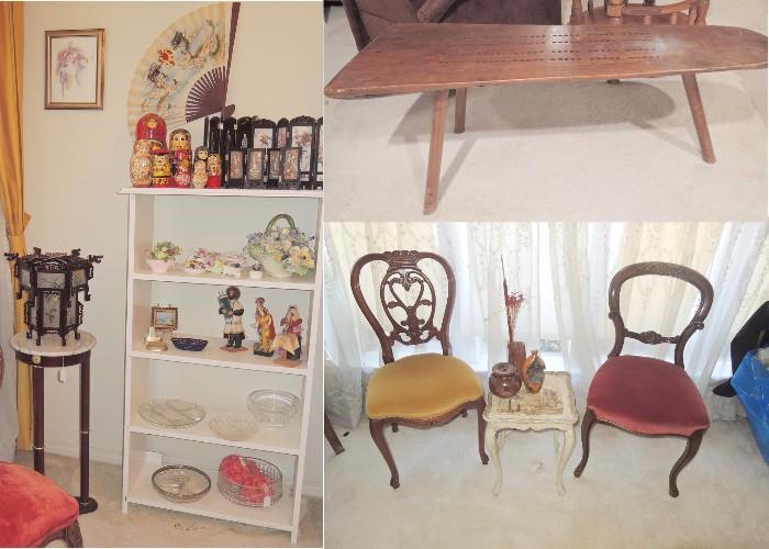 1940s chairs, solid wood ironing board table, bookcases and Oriental decor