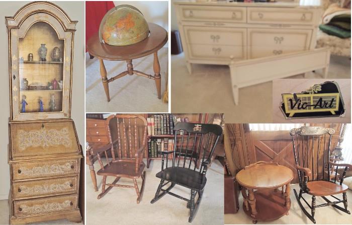 French Provincial display writing desk, childrens rocking chairs, stenciled rocking chair. French Provincial bedroom twin bed, dresser & mirror