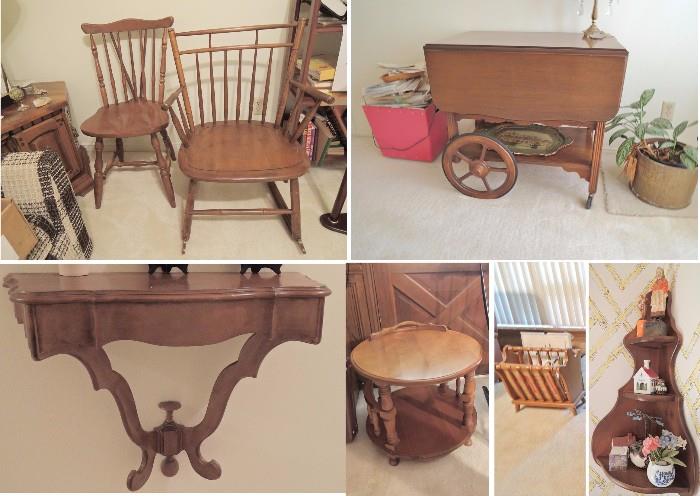 Solid maple furniture: round occasional table, wall curio, magazine rack, entry table, rocking chair & serving cart