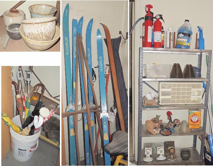 old skiis, planters and pots, garage items