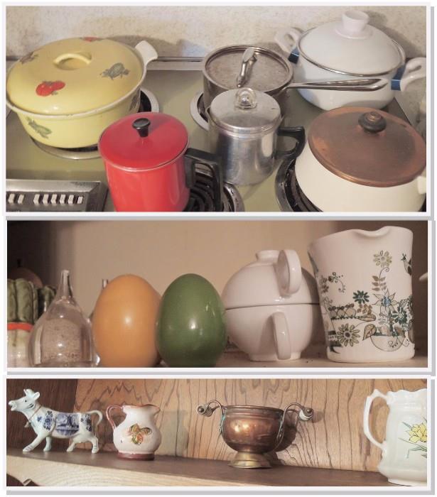 Kitchen collection: enamel pots & pans, serving, salt & pepper