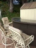 2 Rattan bars w/glass tops and 4 patio bar stools