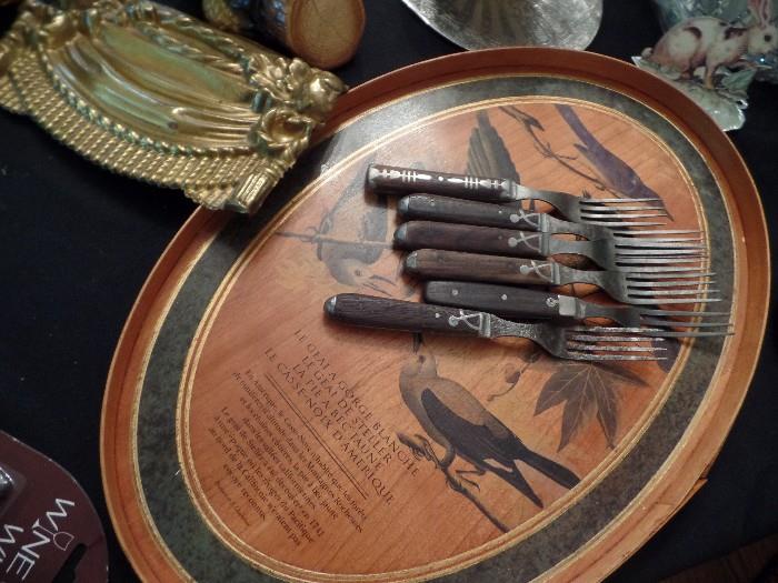 French wood tray and wooden handle forks