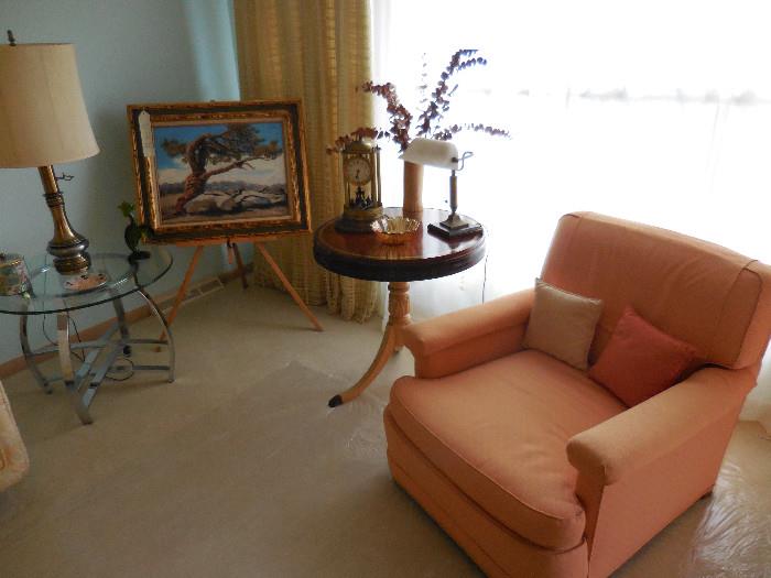 Living Room, Apricot Slipper Chair (2),Vintage Occasional Table, With Vintage Clock 