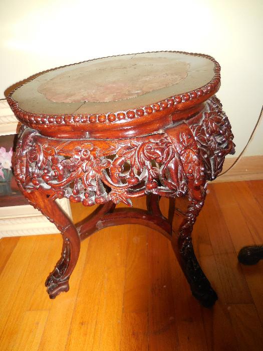 Vintage Hand Carved Mahogany Occasional Table marble top.Footed. GORGEOUS!!