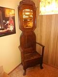 Antique Quarter Sewn Oak Hall Tree.Hand Carved, Hooks Beveled Mirror, Bench Opens,Claw Feet