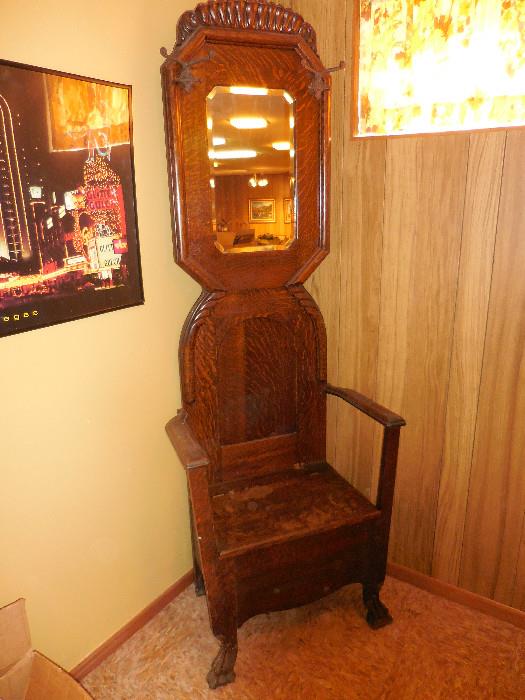 Antique Quarter Sewn Oak Hall Tree.Hand Carved, Hooks Beveled Mirror, Bench Opens,Claw Feet
