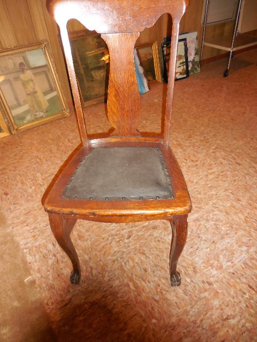 Oak Antique Side Chair.Leather/Spring Seat