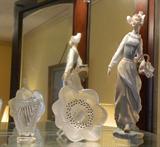 Waterford Harp, Lalique anemone, and Lladro girl with basket of flowers
