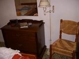Chest, tole floor lamp, rush chair