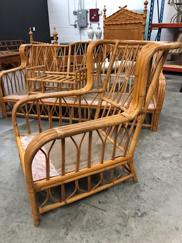 Vintage rattan bamboo fretwork wing chair