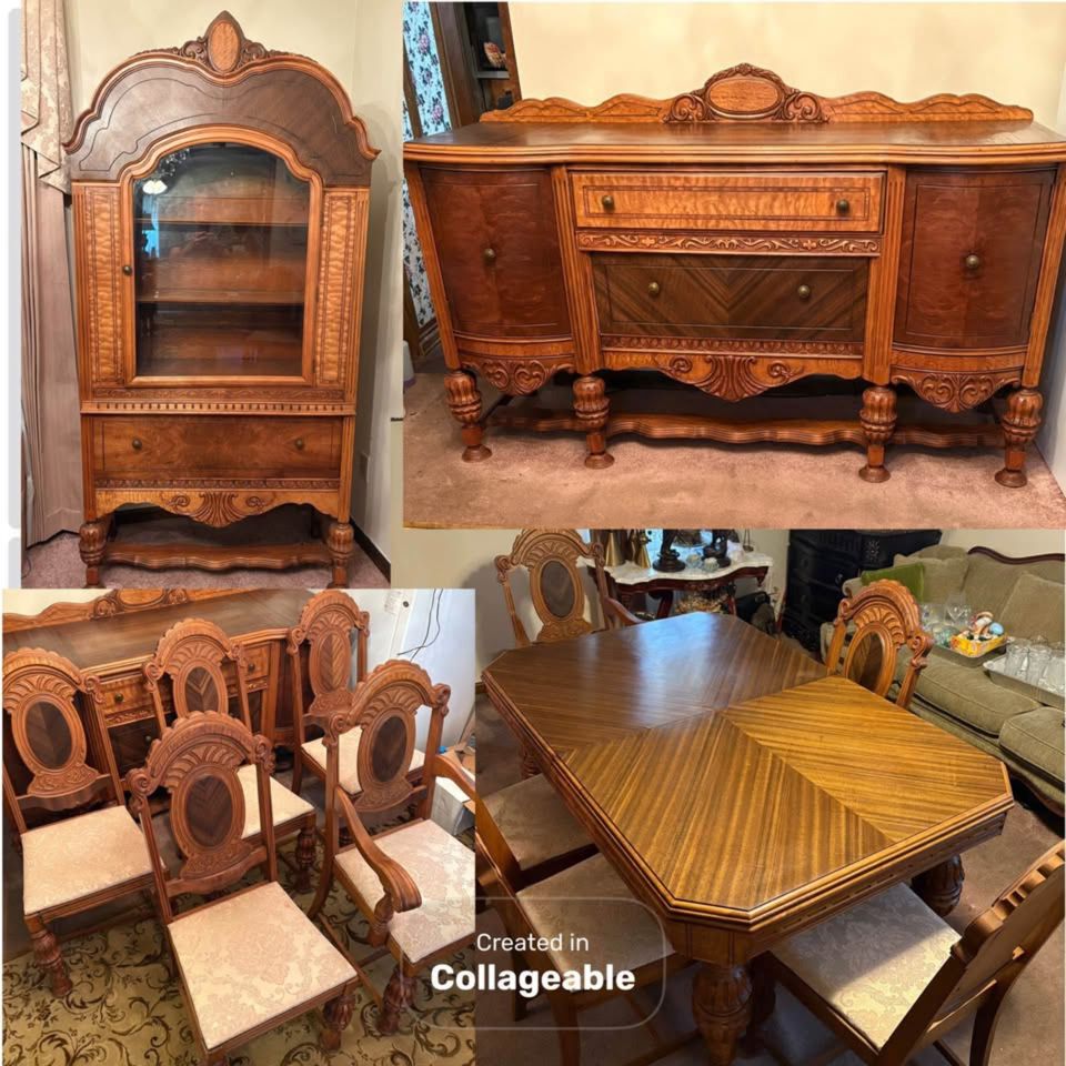 Beautiful 1920’s Jacobean Style Wooden China Cabinet, Buffet, Table and Chairs