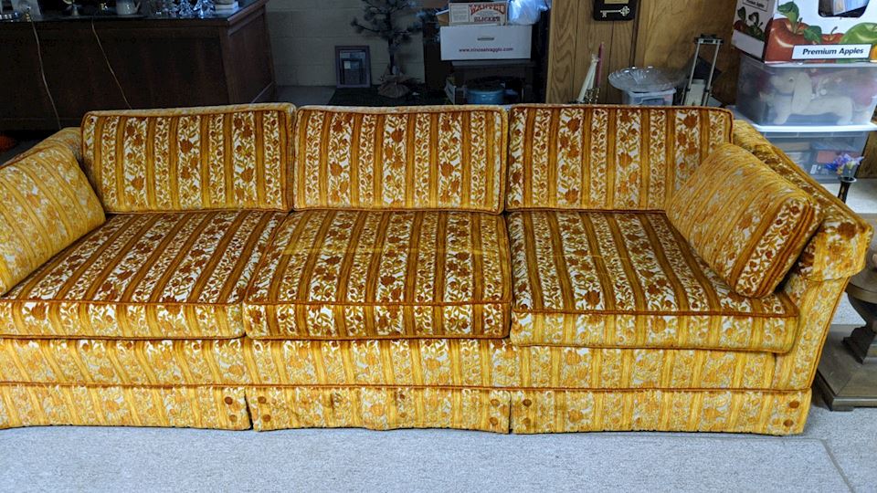 **20% OFF! Gold MCM sofa, Lazyboy brown suede recliner, Glass top accent tables - NORTHVILLE
