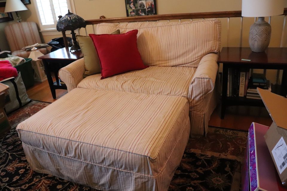 Crate and Barrel sleeper pull out loveseat with ottoman and slip cover