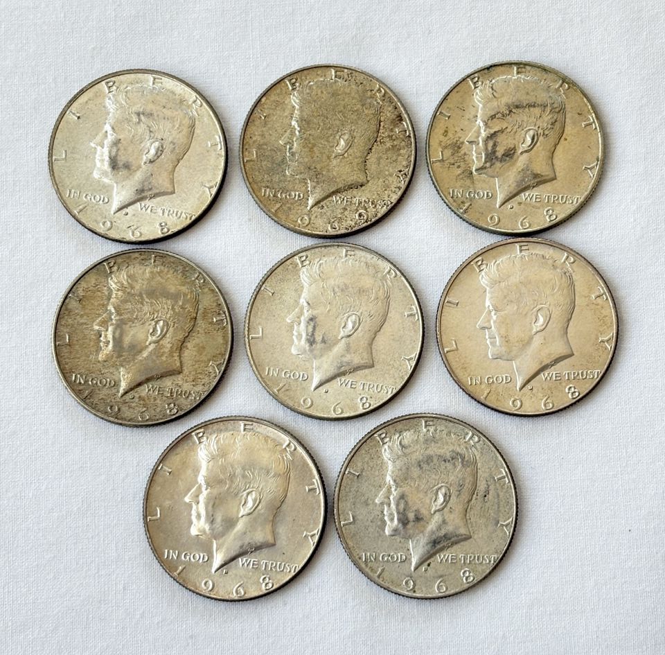 Kennedy Half Dollar 1968d @ 40% Silver EIGHT coins bidding ends 5