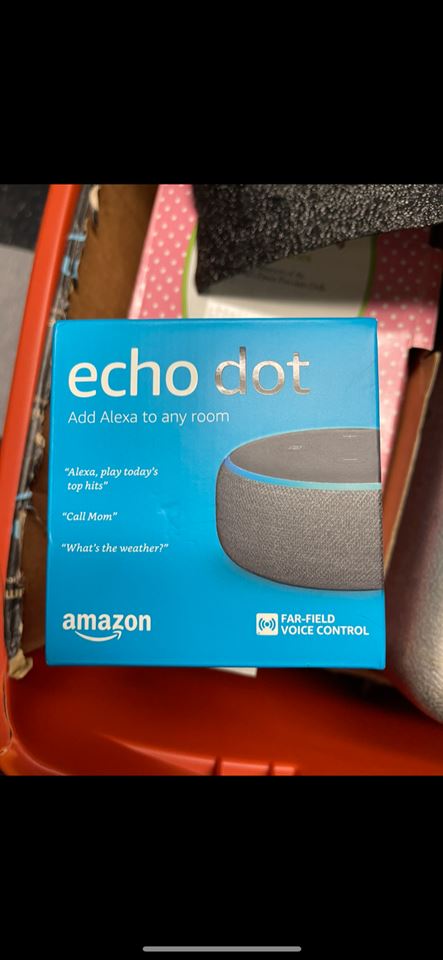 Many different items for sale (clothing, boots, Amazon echo dot, etc.)