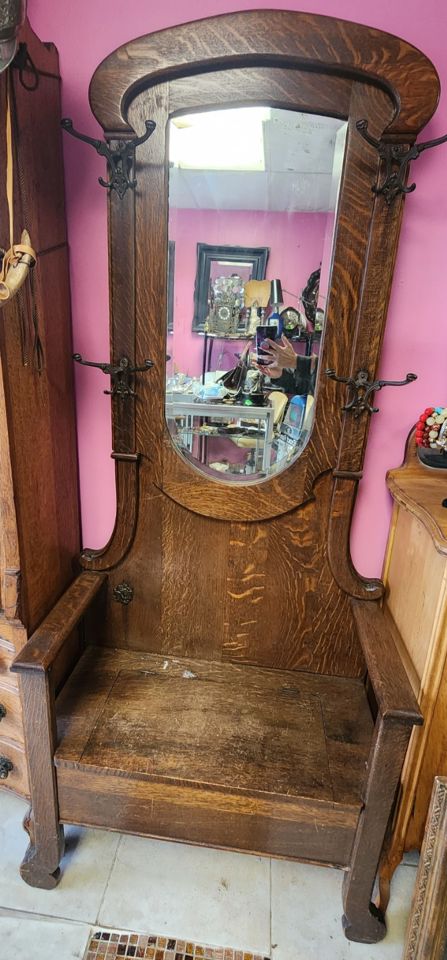 Antique Tiger Oak Mirror Coat Rack Seat bidding ends 4/26 $245.00 ...