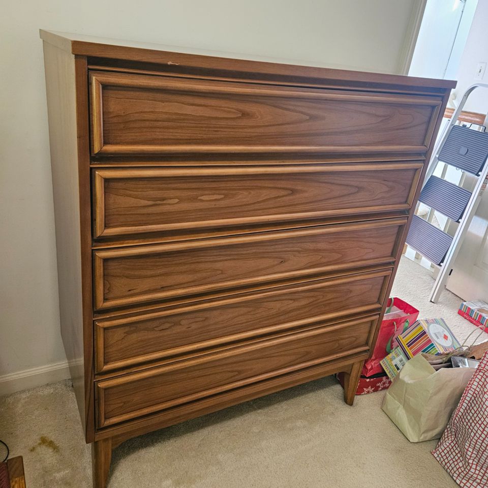 BUY ONLINE - MCM dressers, Cherry stained DR table & chairs, china cabinet - NORTHVILLE