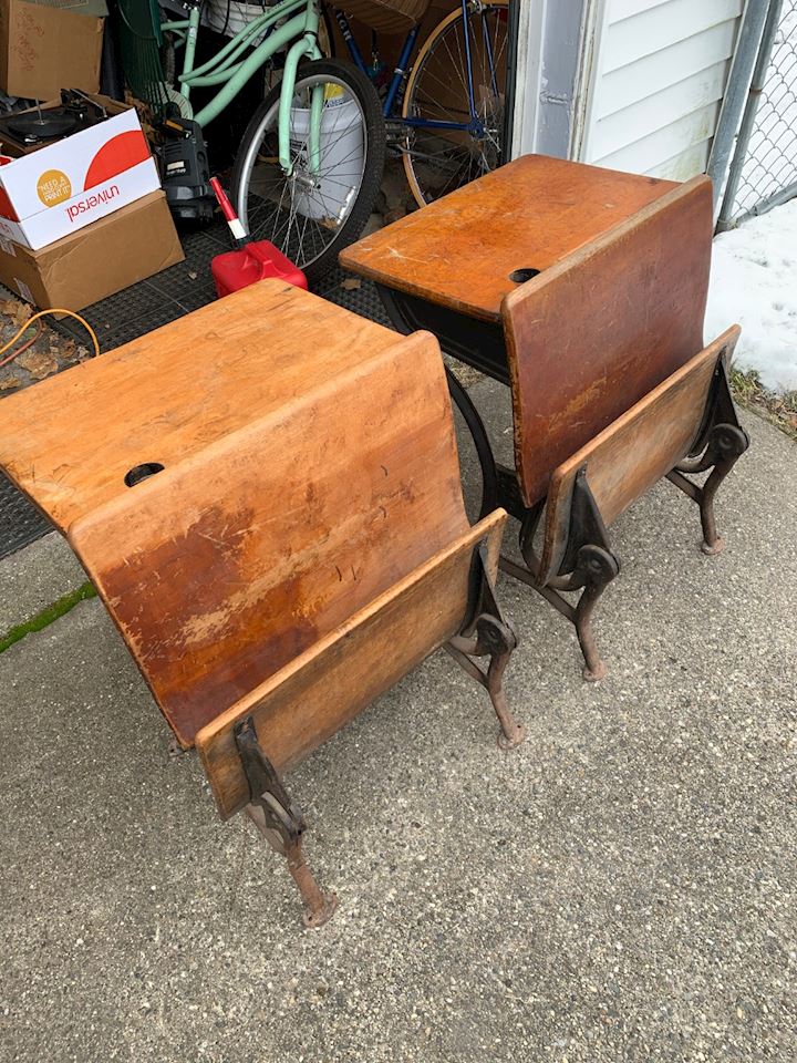 2 Vintage Wooden Cast Iron School Desks Bidding Ends 2 6 19 99