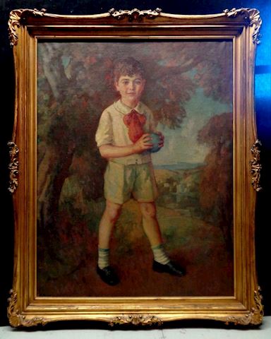 Antique Boy w. Ball Portrait Oil Painting signed