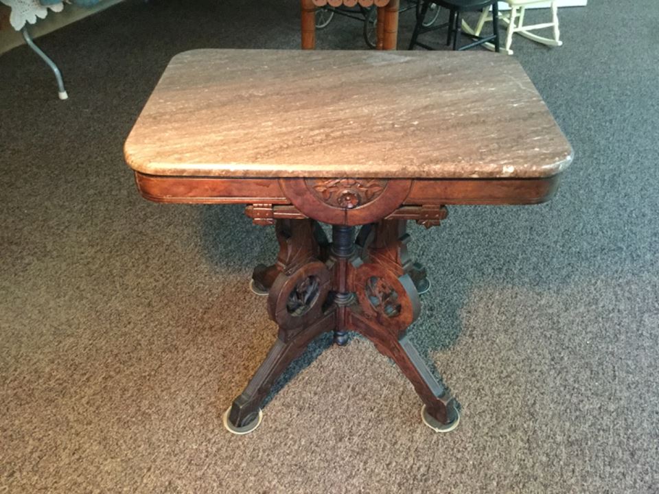 WELCOME HOME-Antique Rose Marble Top Table-Beach Glass Art-Eastlake Table & More