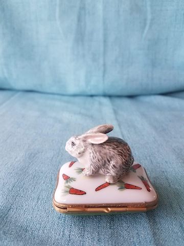 Limoges trinket box, Rabbit on pillow with carrots