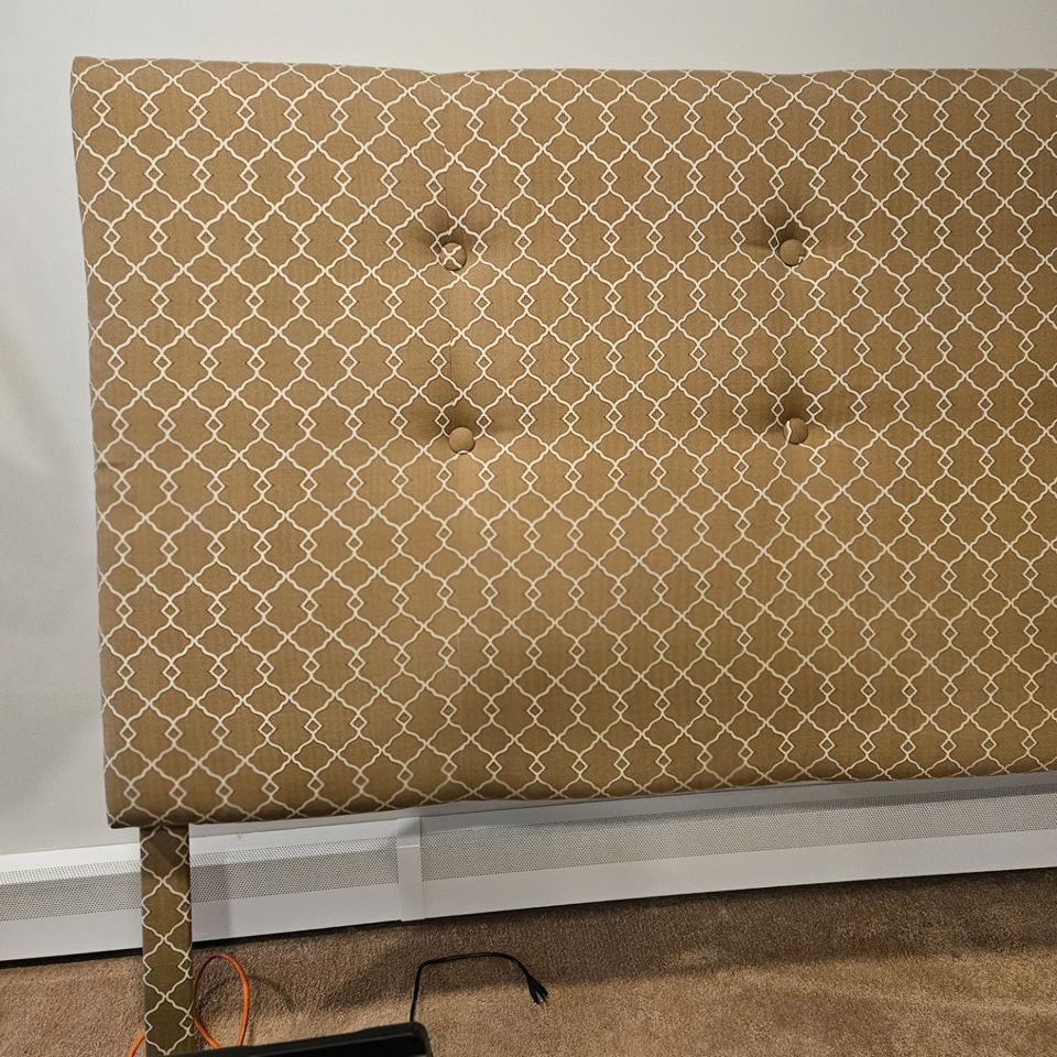 BUY ONLINE!- Marble top console table - $20,   fabric headboard $20,  oak bedframe - $20 - PLYMOUTH