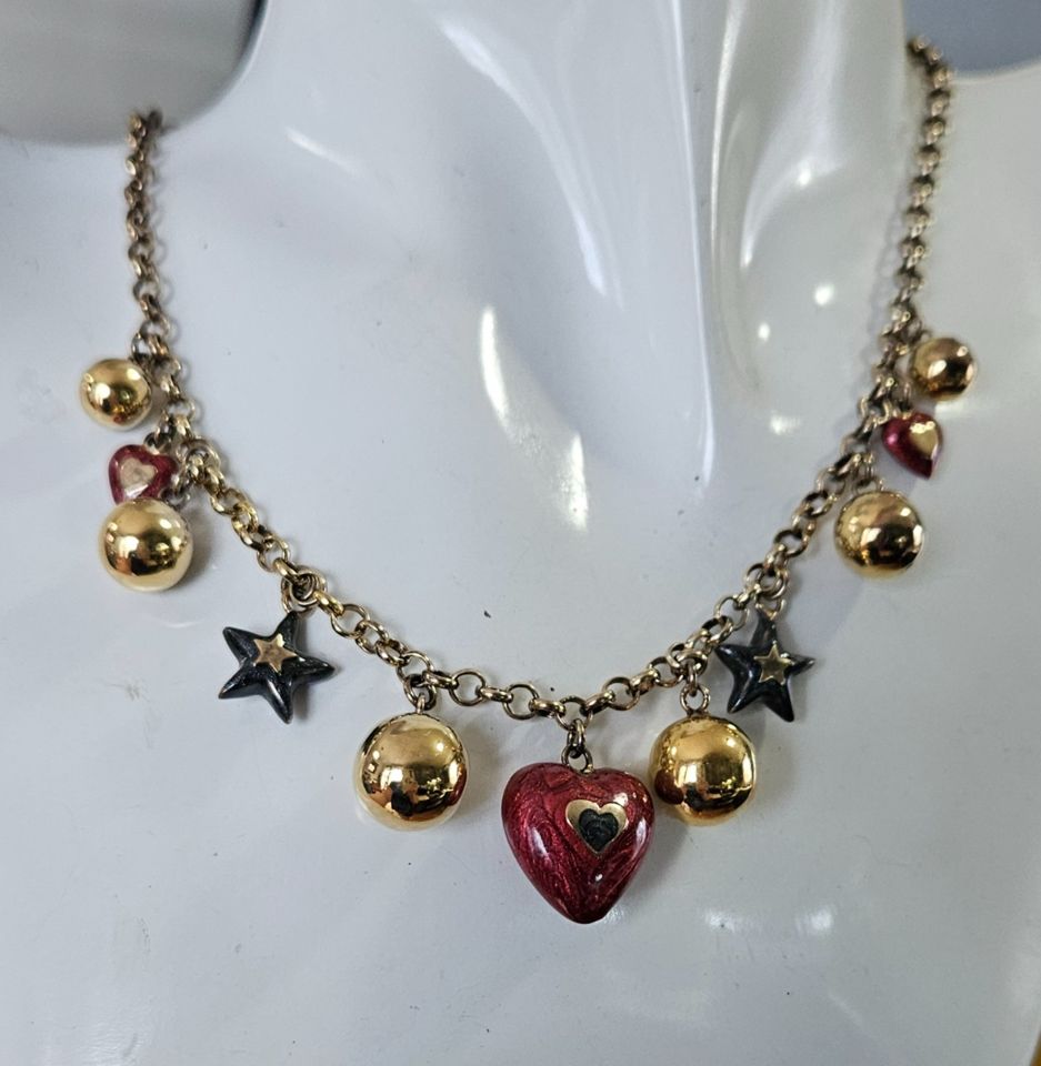 Liberty Italy GOLD VERMEIL Sterling Silver Enameled Heart Star Bead CHARM  NECKLACE bidding ends 3/23 $75.00