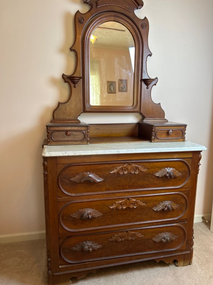 755. Vintage Wood Marble Top Dresser with Mirror bidding ends 10/22 46