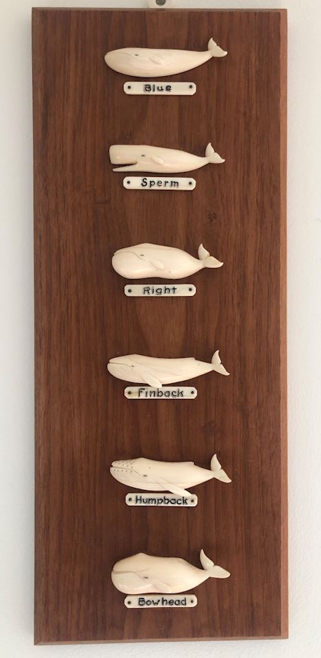 Althea Macy Hand Carved Whale Figurines on Teak Plaque C.1950 Nantucket  