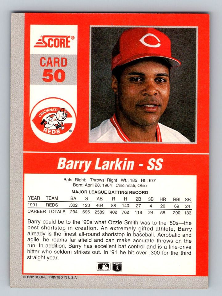 1992 Score Impact Player Barry Larkin Baseball Card - MINT