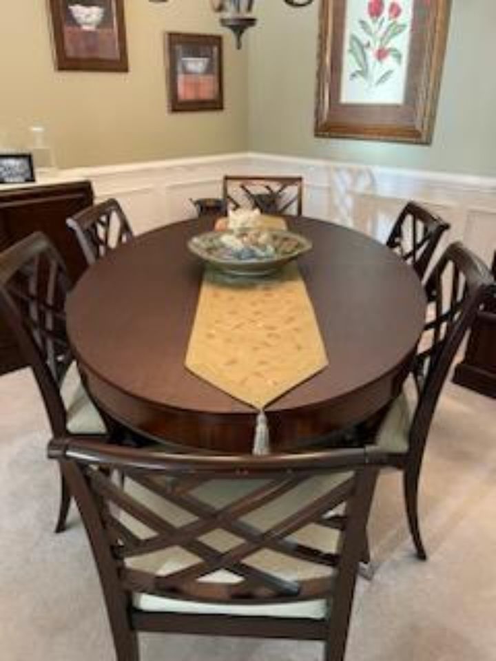 Ethan Allen Dining Table, chairs, leafs, and pads bidding ends 10/31
