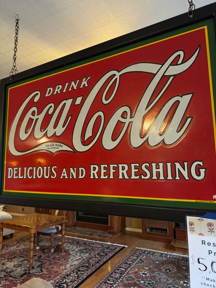 Coca-Cola Hanging Enamel Sign + Milk Glass Collection