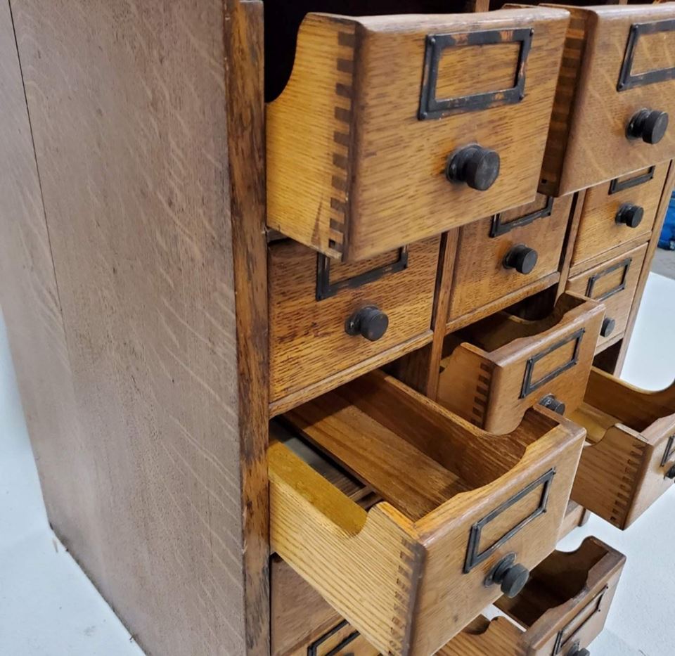 Library card catalog, wood advertising crates& primitive finds