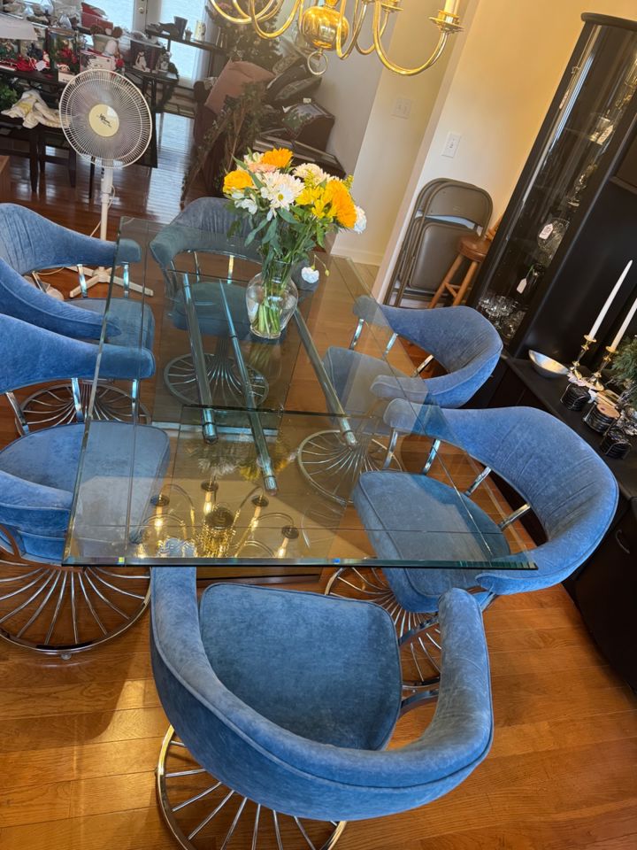 Reserved Warren Platner 1960’s rectangular glass dining table with 6 knoll chairs
